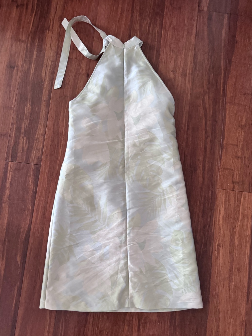 Vintage Floral Jacquard Silk Halter Tie Bow Shift Cocktail Mini Dress Leaf Green - Picture 4 of 10
